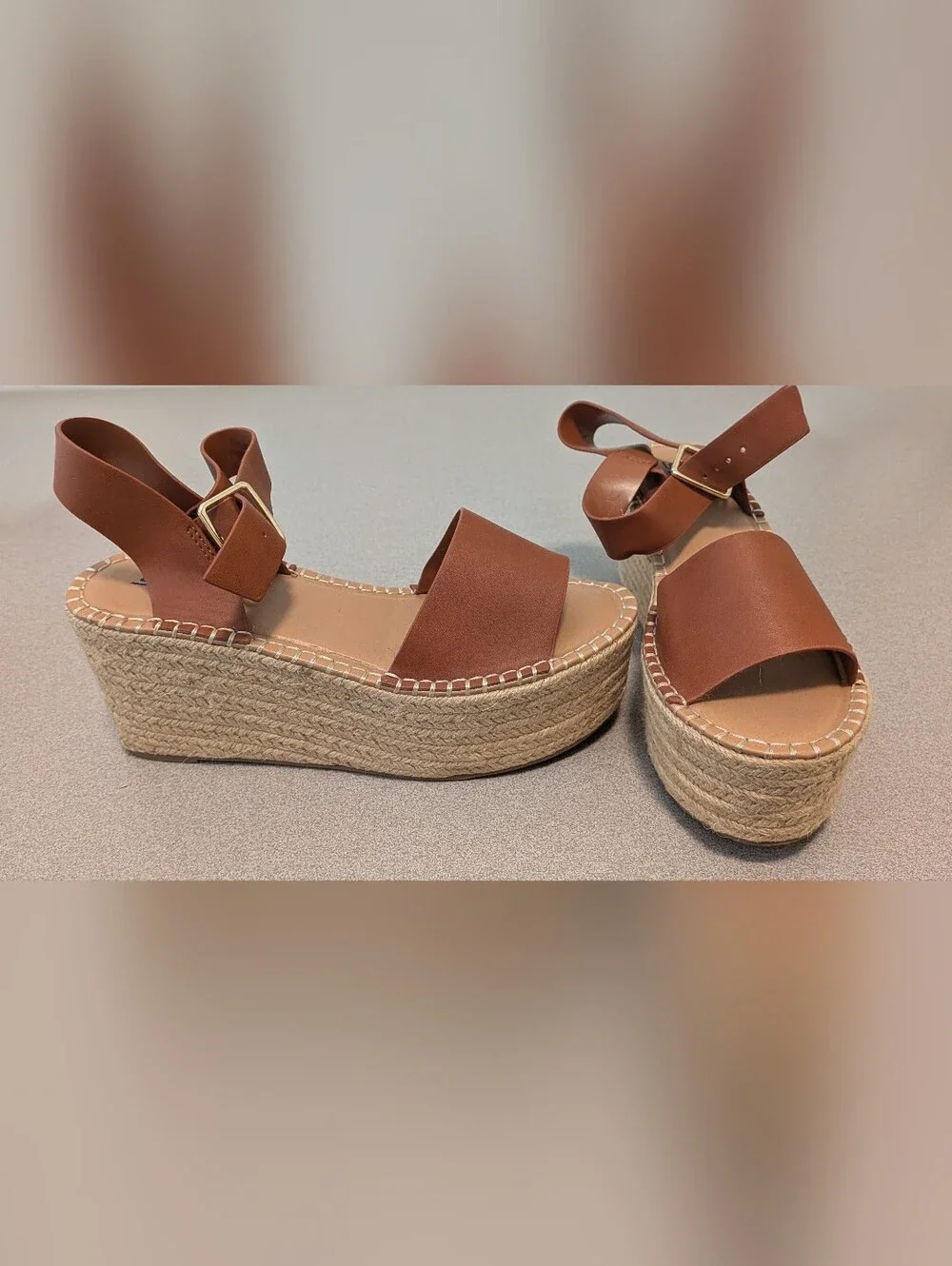 Soda Tan Espadrille Platform Wedge Sandals with Ankle Buckle